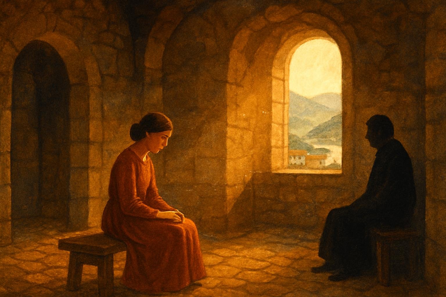 Leonor and Estêvão sharing a quiet moment in the Oratory